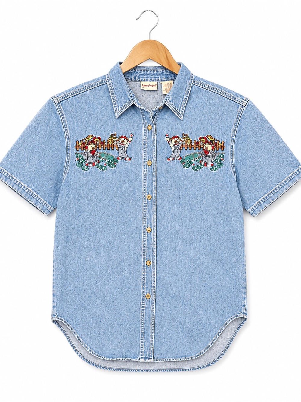 90s VTG Bobbie Brooks Embroidered Denim granny Shirt Teddy Bear Cottagecore S